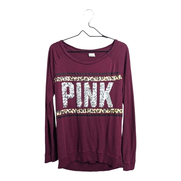 PINK Victoria's Secret Woman Burgundy Long Sleeve Tee T-Shirt Silver Sequins S - Picture 1 of 9
